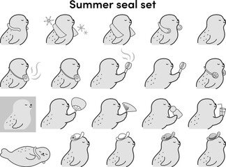クールグッズを使用するアザラシのイラストセット（白黒） © Daphnia
