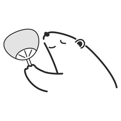 うちわをあおぐシロクマのイラスト（白黒）