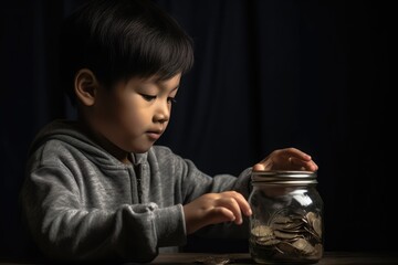 A Young Boy Touching Coins in a Mason Jar,  A Fictional Character Created by Generated AI.  - obrazy, fototapety, plakaty