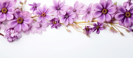 Fototapeta na wymiar A white background with a collection of purple flowers and space for text. This represents the idea