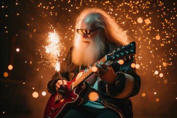 santa claus is holding a guitar while fireworks light up the sky