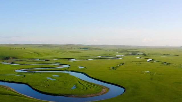 Serpentine Course Of Morigele River During Sunset In Hulunbuir Grassland, China. - aerial