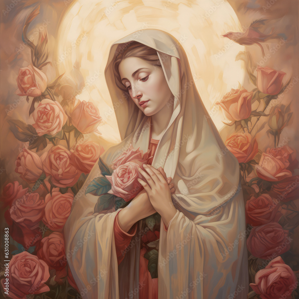 Wall mural Beautiful portrait of the Virgin Mary mother of Jesus holding roses in her hands