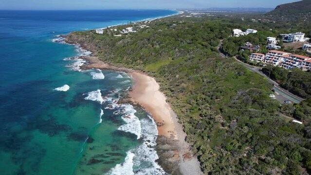 Coolum Bay With Scenic Seascape In Queensland, Australia - aerial drone shot
