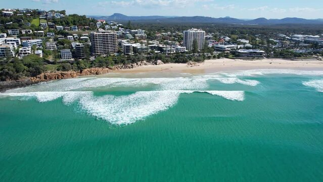 Turquoise Waters Of Coolum Bay In The Sunshine Coast, Queensland, Australia - aerial drone shot