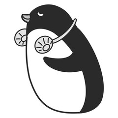 首にかける扇風機（ネックファン）を使うペンギンのイラスト（白黒）