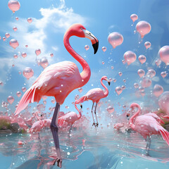 Illustration of an exotic flamingo blue background water generative ai