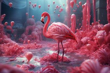 Illustration of an exotic flamingo with water and bubbles generative ai