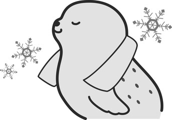 クールタオルを首にかけたアザラシのイラスト（白黒）
