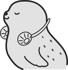 首にかける扇風機（ネックファン）を使うアザラシのイラスト（白黒）
