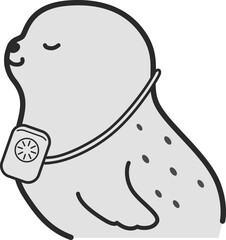 ミニ扇風機を首にかけたアザラシのイラスト（白黒）