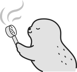 ミニ扇風機を使うアザラシのイラスト（白黒）
