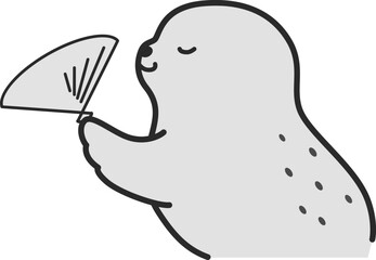 扇子をあおぐアザラシのイラスト（白黒）