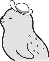 ぼうしを被ったアザラシのイラスト（白黒）
