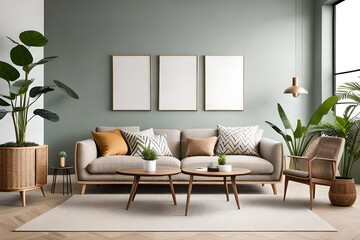 Interior design of spring living room interior with mock up poster frame, beige sofa, wooden coffee table, plants in flowerpots, rattan sideboard and personal accessories