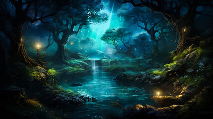Mystical magical enchanted forest at night with glowing lights. AI generative