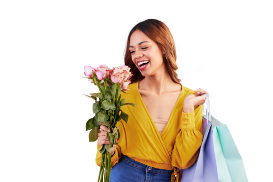 Smile, shopping bag or happy woman with roses or flowers for valentines day, gift or anniversary. Fashion, sale or excited customer with bouquet of pink plants isolated on transparent png background - Powered by Adobe