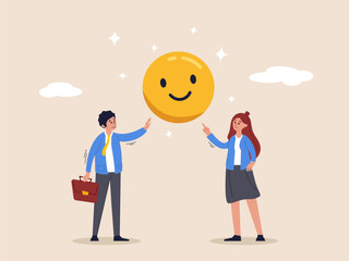 Work motivation concept. Employee happiness, job satisfaction or company benefit, happy workplace or positive attitude, happy businessman and woman holding smiling face symbol in joyful workplace.