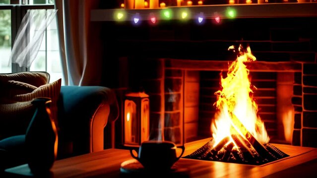 interior of house in winter with burning firewood, seamless looping video background animation, cartoon style