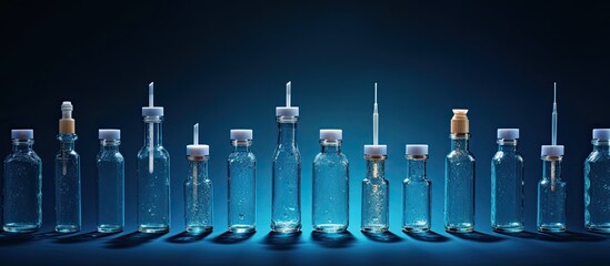 Syringes, small bottles, and glass vials containing vaccines and medicine are placed on a dark blue