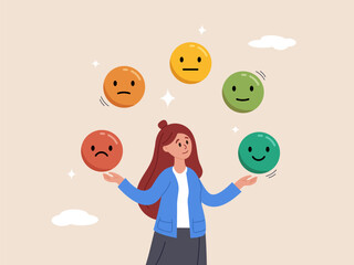Balance of anxiety and happiness concept. Emotional intelligence, control feeling or emotion, psychology to be success, cheerful woman balance on smiling face juggling expression emotional faces.