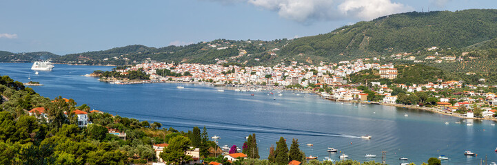 Overview of sea bay and Skiathos town vacation at the Mediterranean Sea Aegean panorama island in Greece