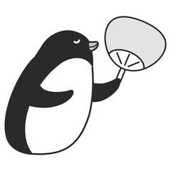 うちわをあおぐペンギンのイラスト（白黒）