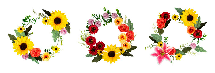 Set of round spring flower bouquet copy space