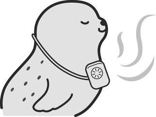 ミニ扇風機を首にかけたアザラシのイラスト（白黒）