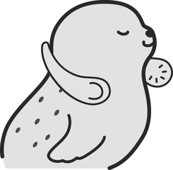 首にかける扇風機（ネックファン）を使うアザラシのイラスト（白黒）