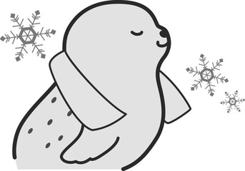 クールタオルを首にかけたアザラシのイラスト（白黒）