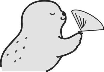 扇子をあおぐアザラシのイラスト（白黒）