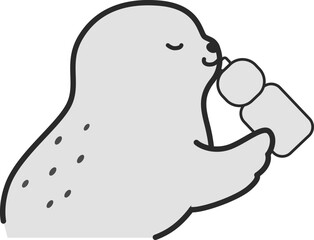 水分補給をするアザラシのイラスト（白黒）