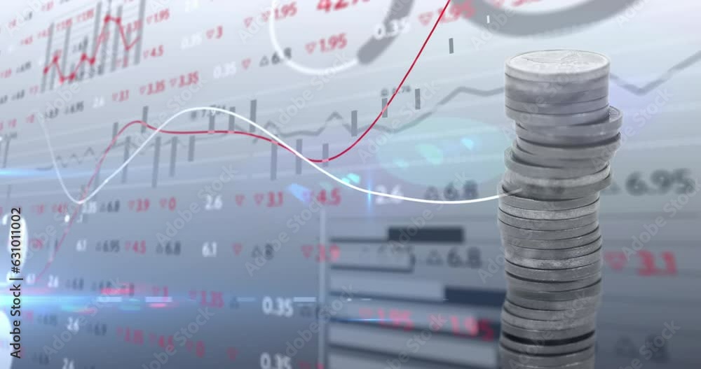Poster animation of financial data processing over stack of coins