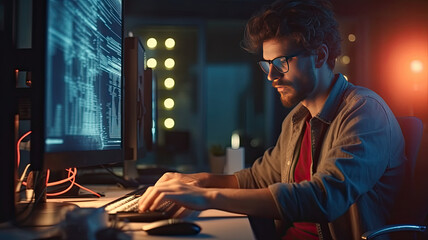 Naklejka premium Man tester write typing operating data security in evening house dark room