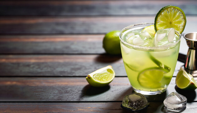 Margarita cocktail with lime and ice on minton dark wooden table with amazing backlight, copy space. Classic Margarita or Daiquiry Cocktail.