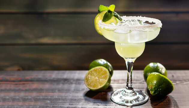 Margarita cocktail with lime and ice on minton dark wooden table with amazing backlight, copy space. Classic Margarita or Daiquiry Cocktail.