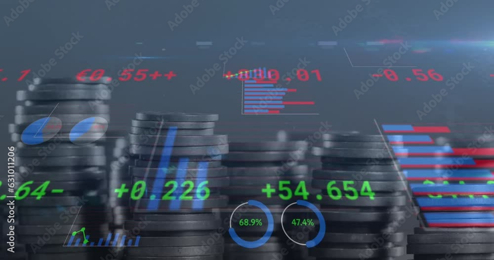 Poster animation of financial data processing over stack of coins