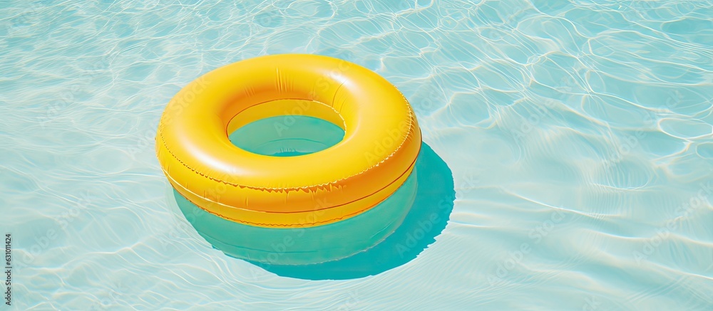 Poster yellow inflatable ring floating in a swimming pool, representing a vacation concept. there is copy s