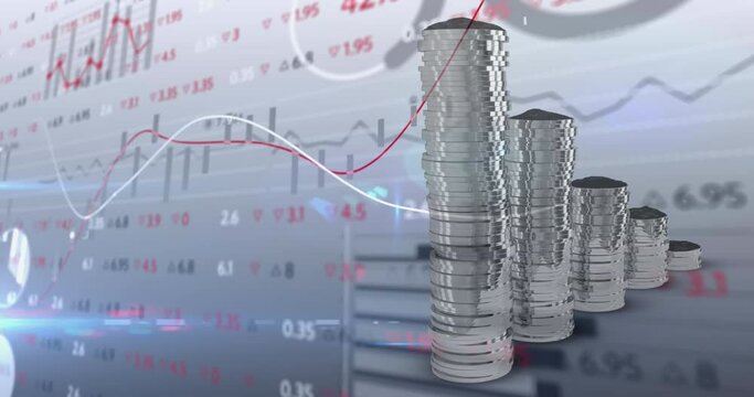 Animation of financial data processing over stacks of silver coins