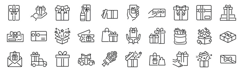 Set of 30 outline icons related to gifts, presents. Linear icon collection. Editable stroke. Vector illustration