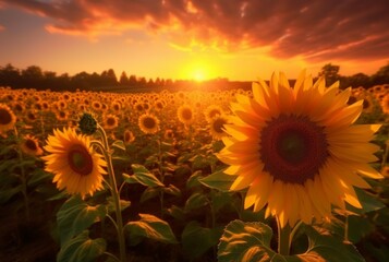 Fototapeta premium the view of the sunflower garden with the beauty of the sunrise in the morning. generative ai