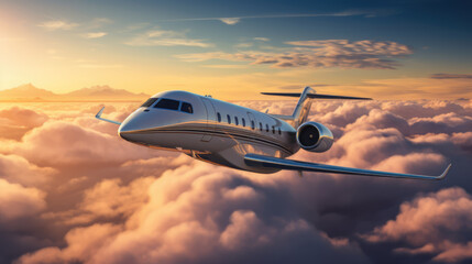 Small private jet flying in the blue sky with clouds at sunset. - obrazy, fototapety, plakaty