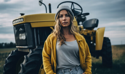 Close up of a young framer woman next to her tractor. Generative AI.