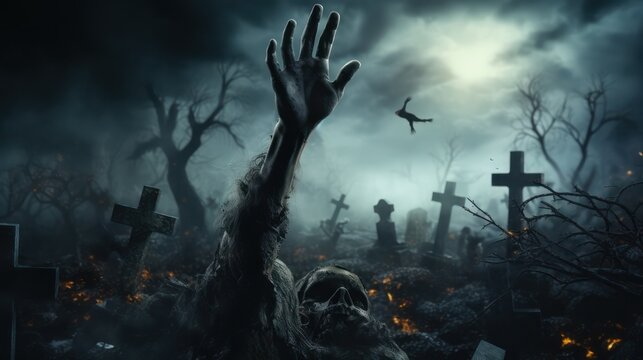 Halloween concept, zombie hand rising out from the ground. Generative Ai.