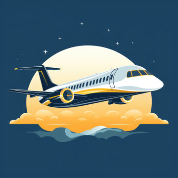 Airplane on the background of the sky with clouds. Vector illustration.