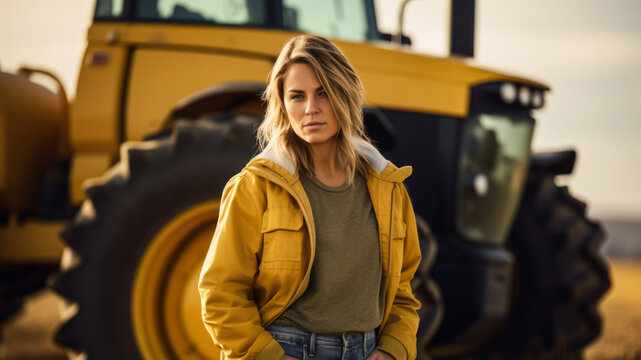Close up of a young framer woman next to her tractor. Generative AI.