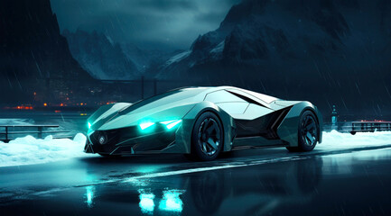 A futuristic concept car in dark blue and green colors. Rain. Generative AI