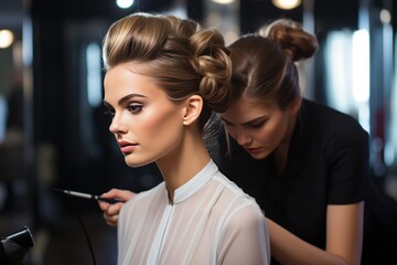 Hairstylist using professional tools to create a sleek and elegant updo, Generative Ai