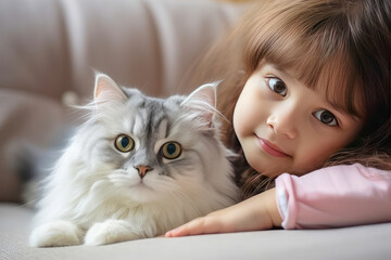 adorable girl and her fluffy cat  lying on bed. Generative AI